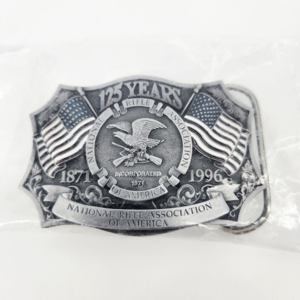 Vintage NRA 125 Years Anniversary Belt Buckle 1871-1996 USA Made Pewter Enamel
